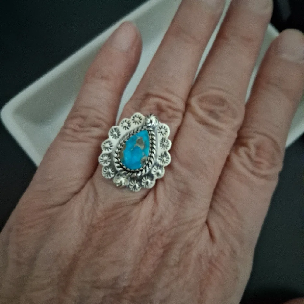 KINGMAN TURQUOISE TEARDROP RING 925 STERLING SILVER ADJUSTABLE SIZE 7-9